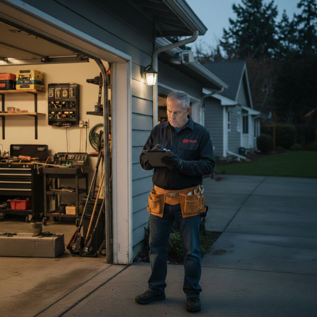 A senior technician in a dark blue work shirt and tool belt standing on a driveway at dusk, reviewing a digital tablet in front of an open, organized garage workshop.