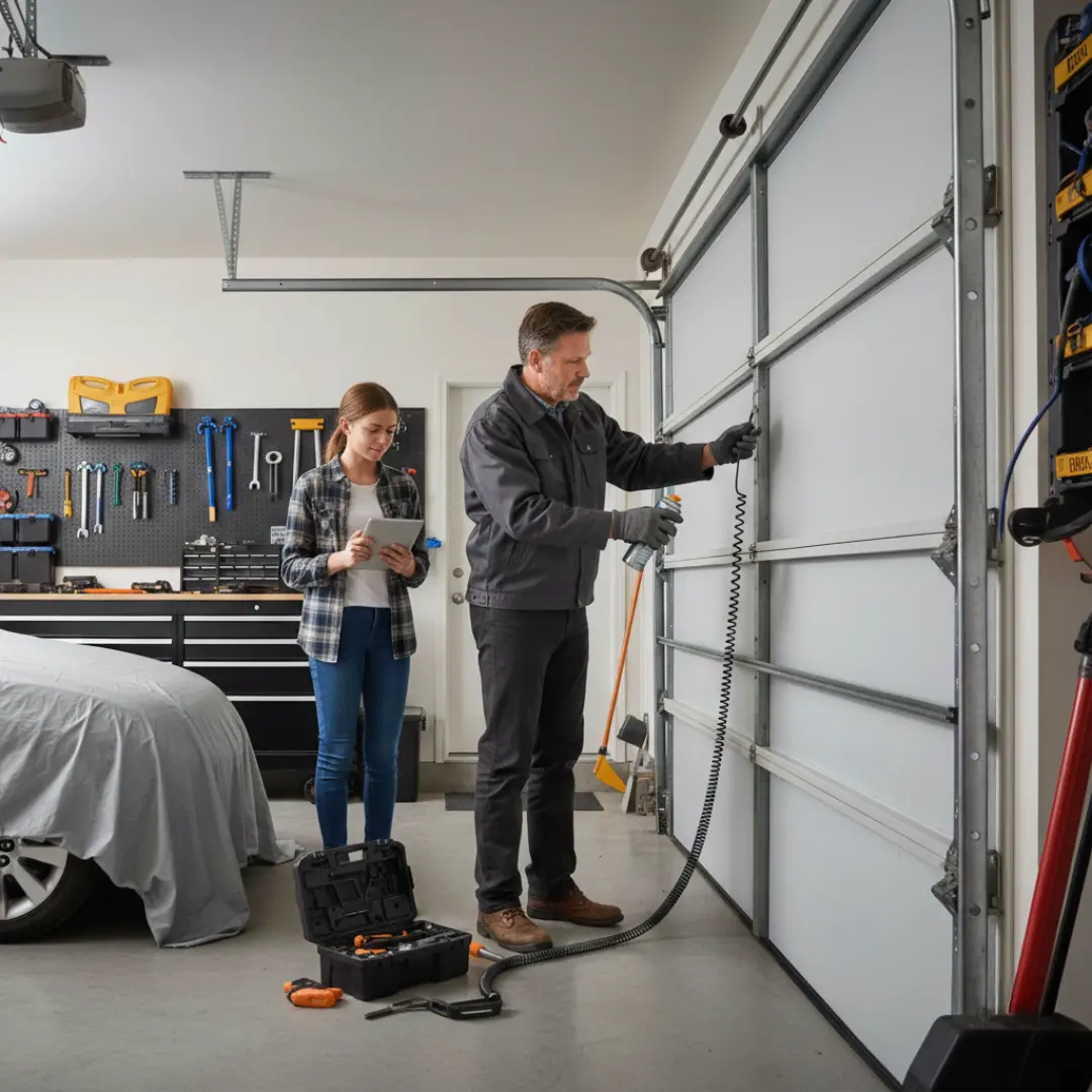 A male technician in a grey jacket inspecting a white sectional garage door track while a young woman assists with a tablet in an organized garage.