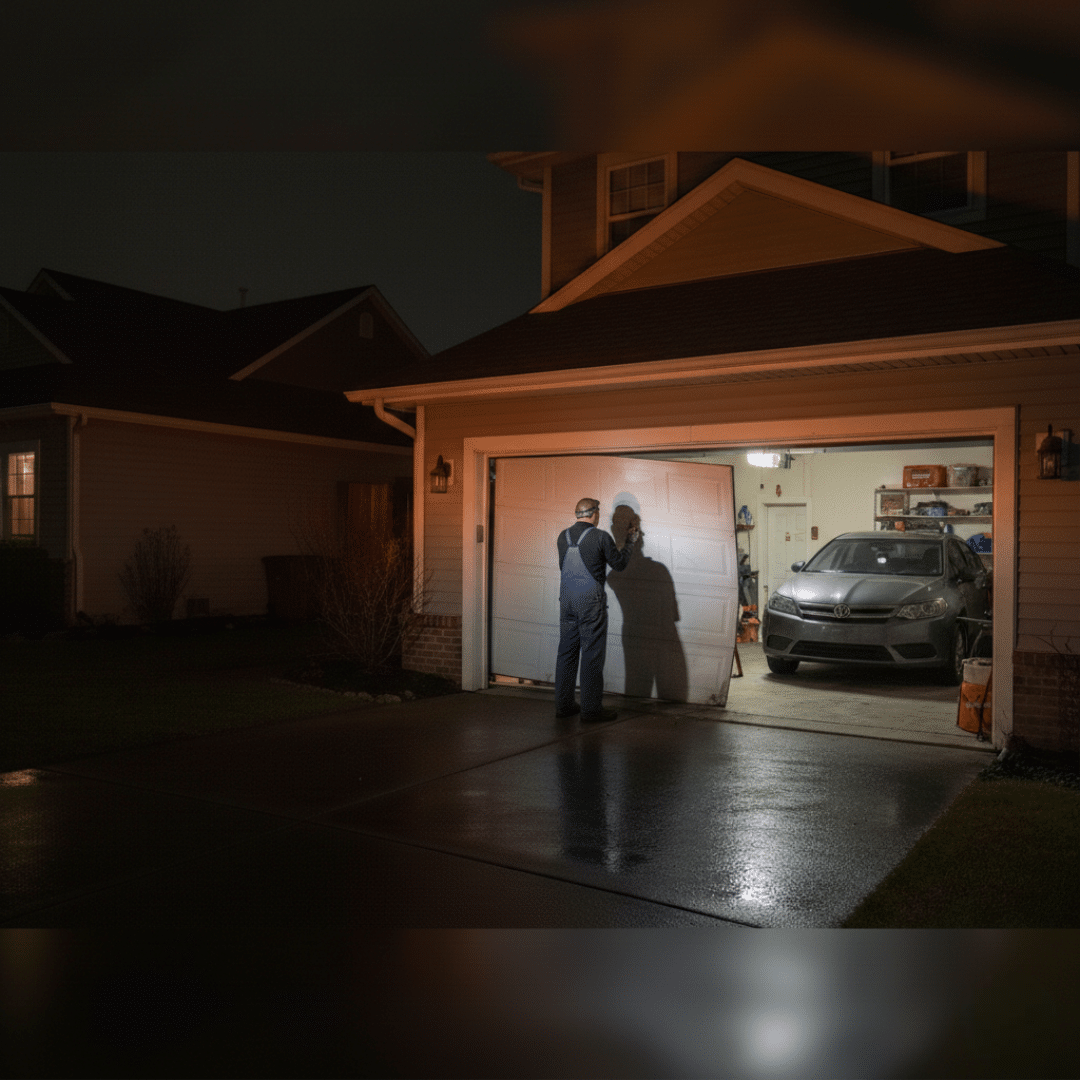 A technician in blue overalls working on a white garage door that is off its tracks at night, with a silver car parked inside the lit garage.