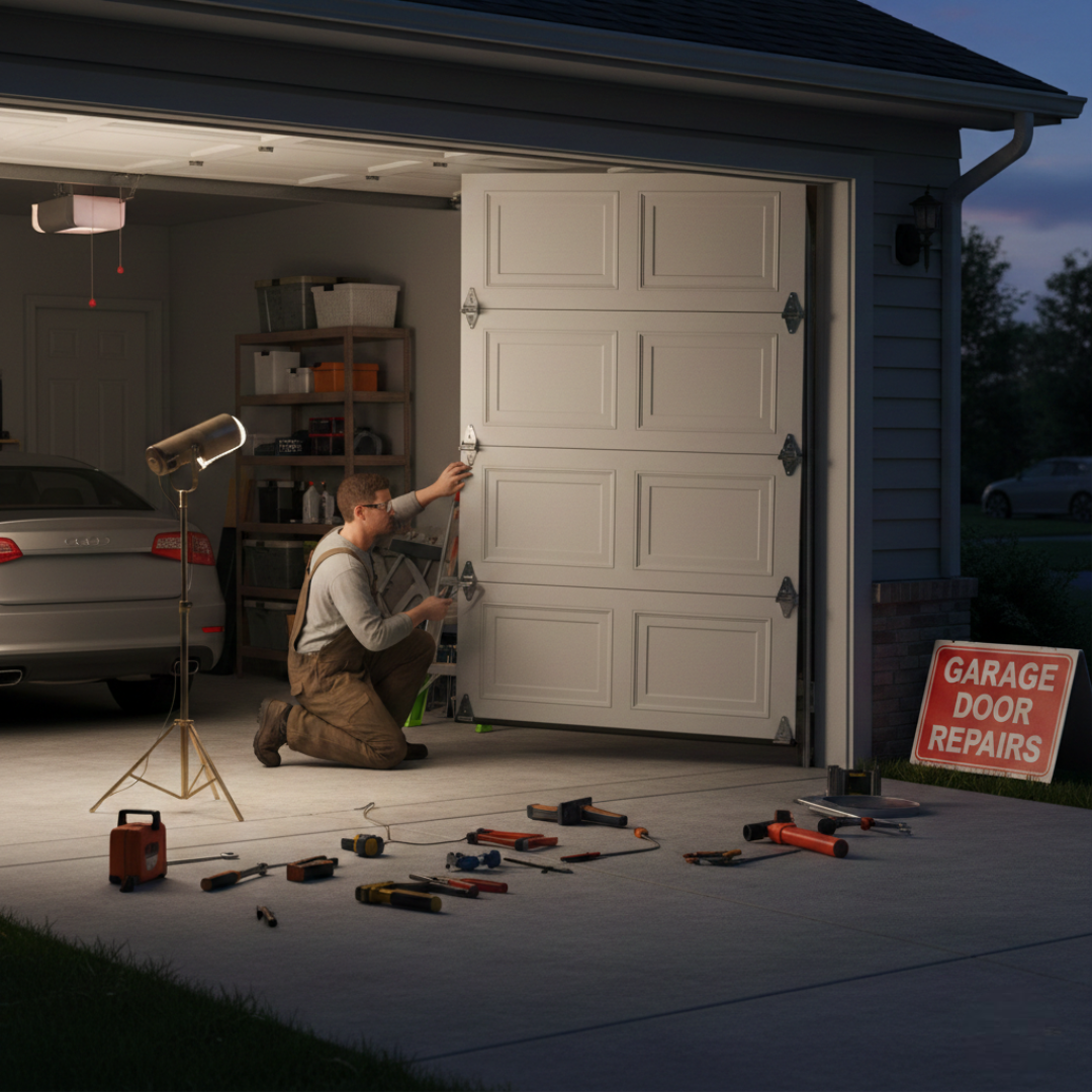 A technician in brown overalls kneeling in a well-lit garage at dusk, repairing a white sectional door that is off its hinges, with tools laid out on the driveway.