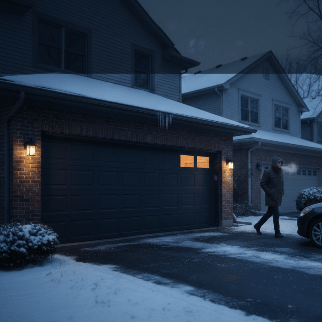 A dark grey sectional garage door with a single window panel on a brick house at night during winter, with icicles hanging from the roof and a person walking toward a car on a snow-covered driveway.
