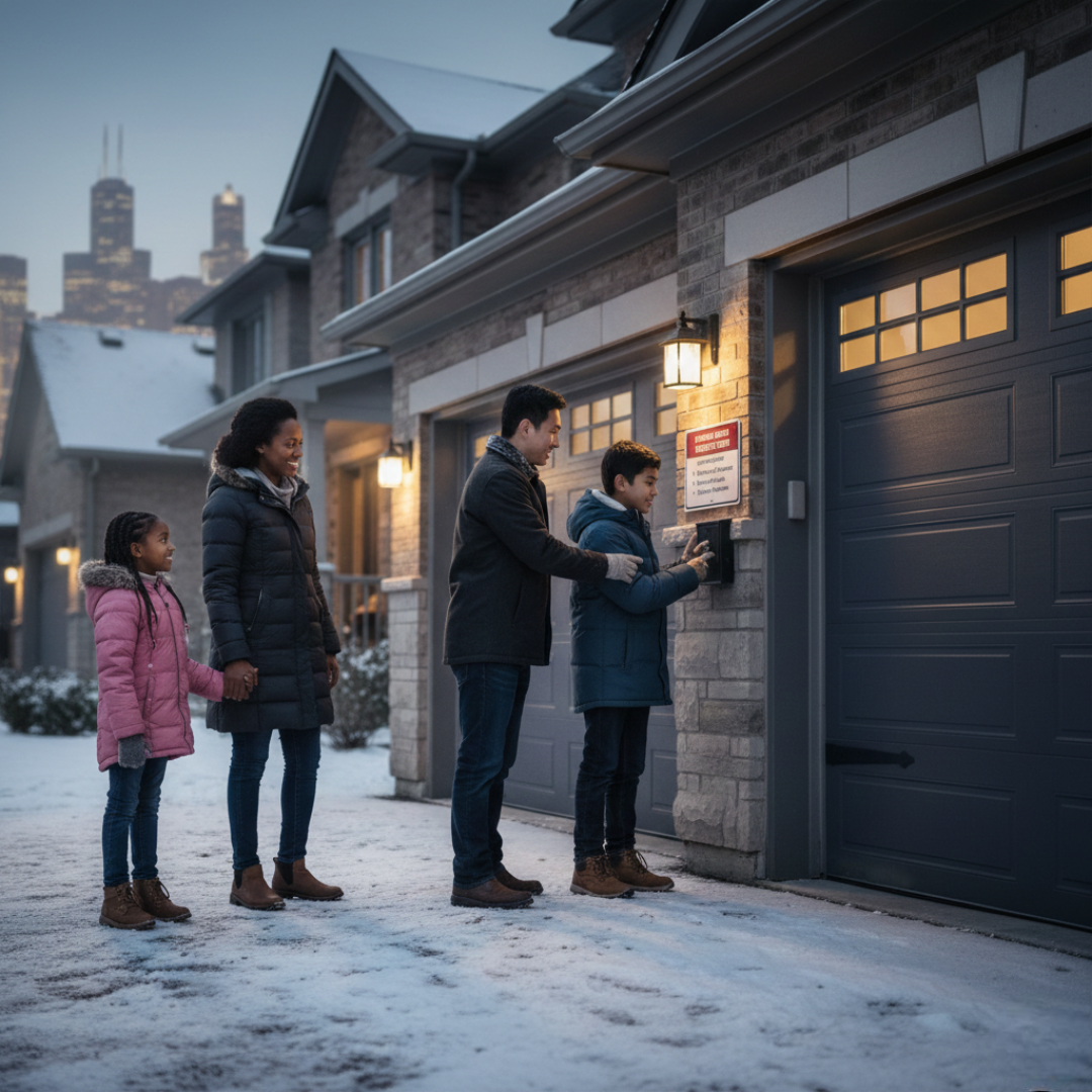 A family of four, a mother, father, daughter, and son—standing on a snowy driveway at dusk as the son uses a keypad to open a dark grey garage door.