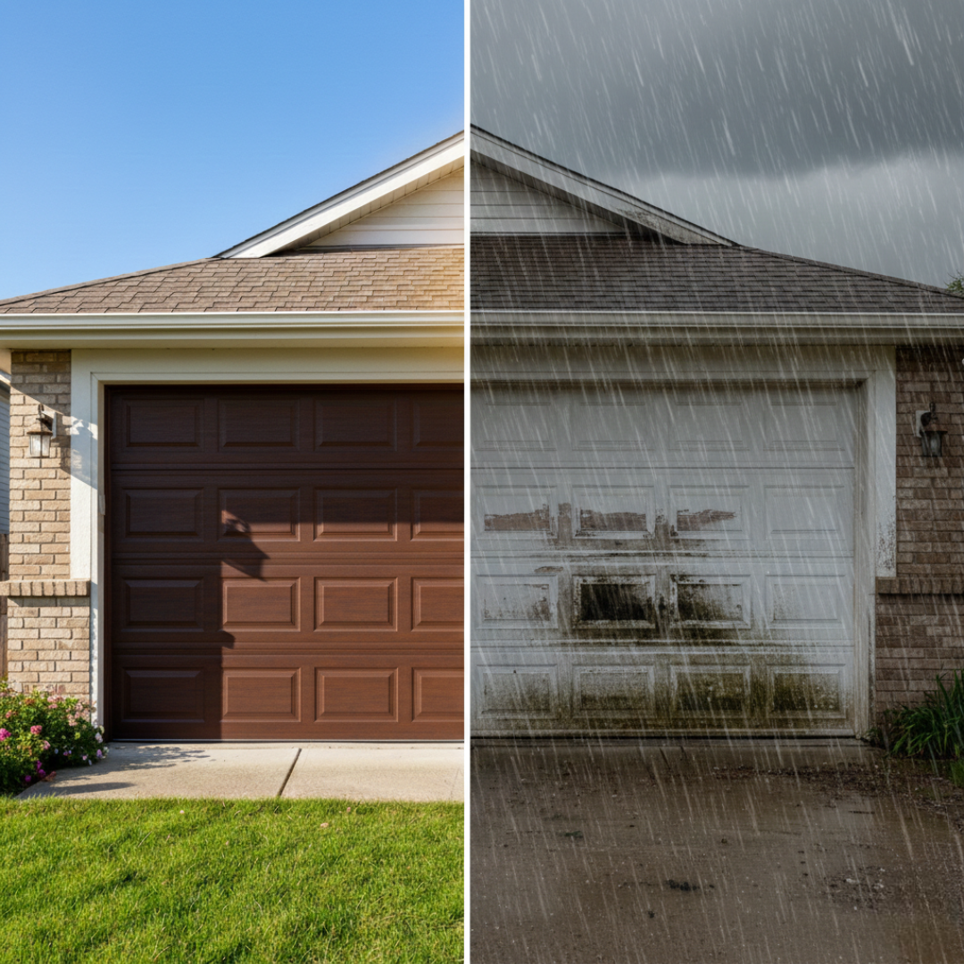 A split-screen comparison showing a well-maintained brown garage door on a sunny day (left) and a dirty, weathered white garage door during a heavy rainstorm (right).