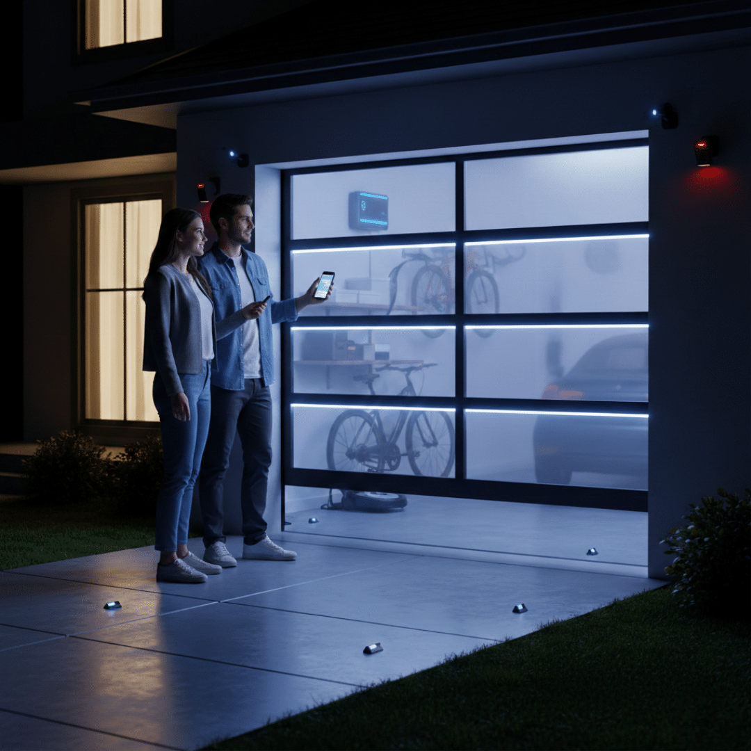 A young man and woman standing on a driveway at night, using a smartphone to control the futuristic LED strip lighting of a translucent glass-paneled garage door.