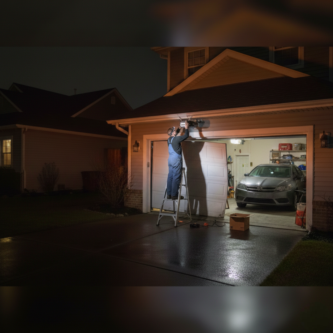 A technician in blue overalls standing on a silver step ladder to repair a garage door motor above a white garage door at night.