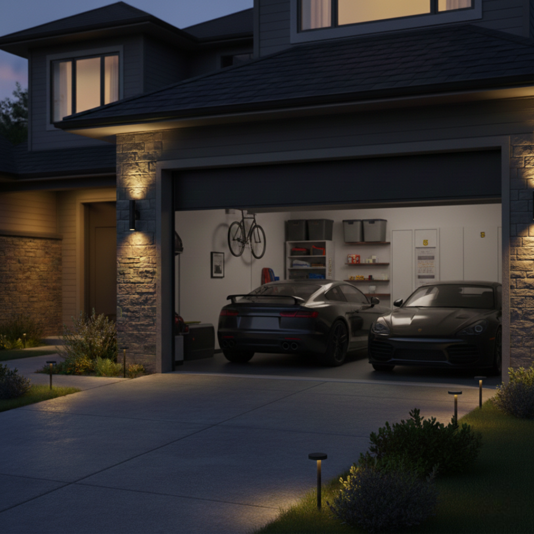 A wide-angle nighttime view of an open, well-organized two-car garage containing two dark sports cars, a wall-mounted bicycle, and neatly arranged shelving.
