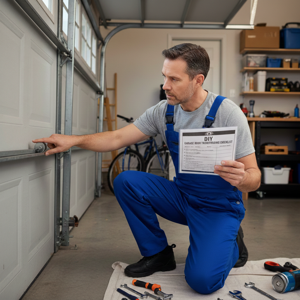 A technician in blue overalls kneeling on a work cloth in a garage, pointing to a specific point on the garage door track.