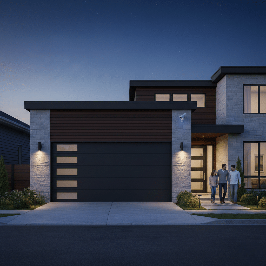 A modern two-story home at dusk with a dark grey garage door featuring five vertical windows, illuminated by warm sconce lighting, while a family of three walks toward the entrance.
