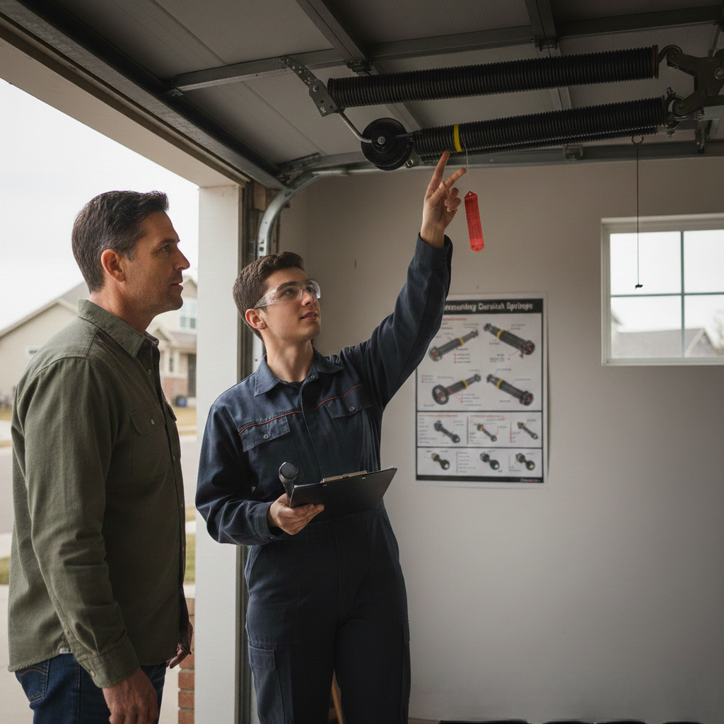 A garage door technician points to the torsion springs above the door while explaining the mechanism to a male customer.