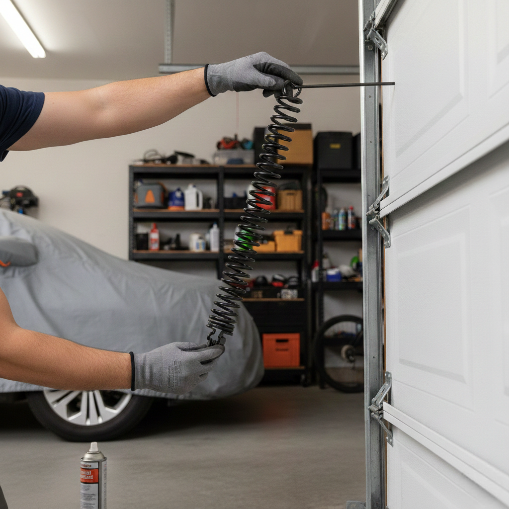A close-up of a technician's hands in grey work gloves holding a long, black metal extension spring vertically against the side of a white sectional garage door during a repair.