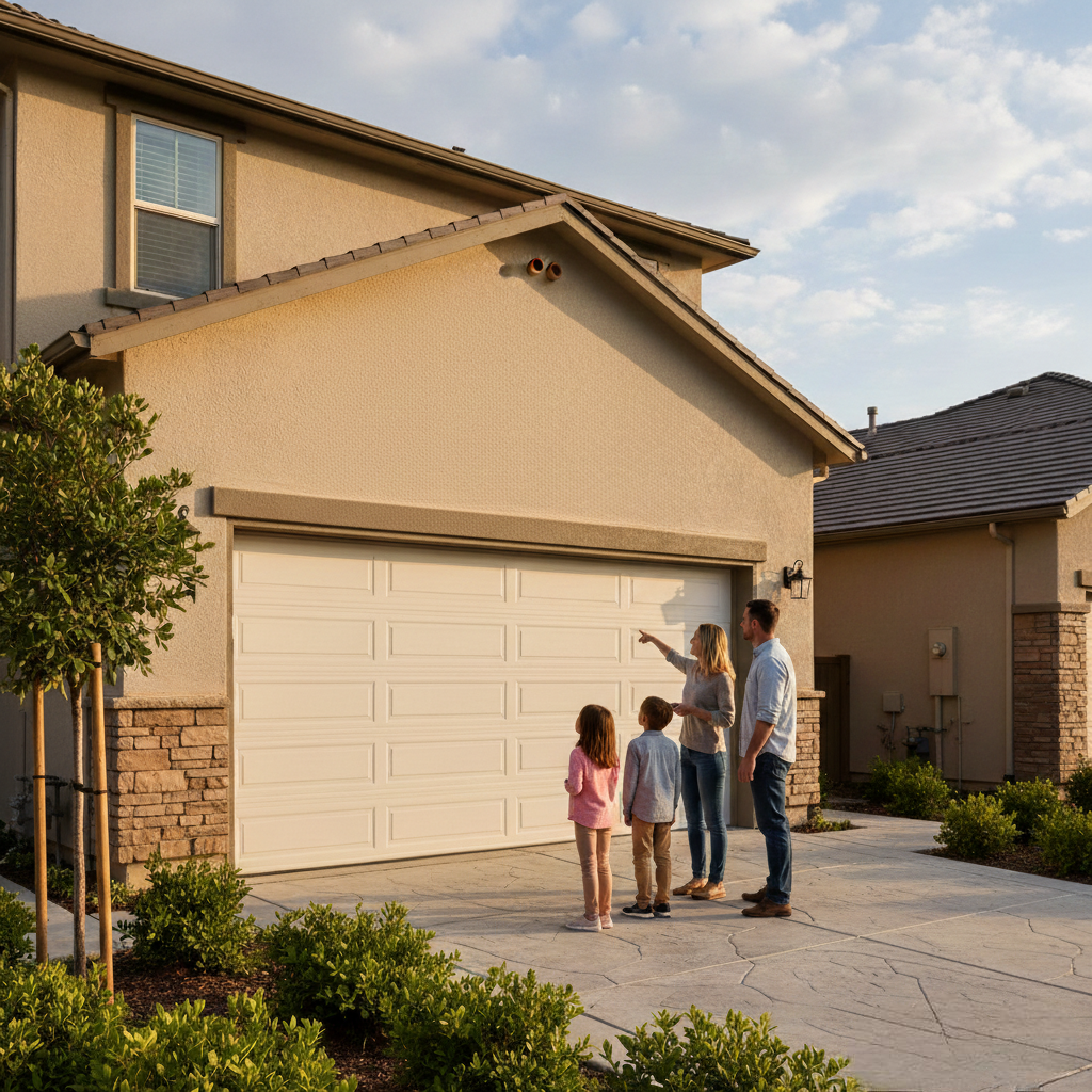 A family of four standing on a paved driveway in the late afternoon sun, looking up and pointing at the upper exterior of their two-story home's white sectional garage door.