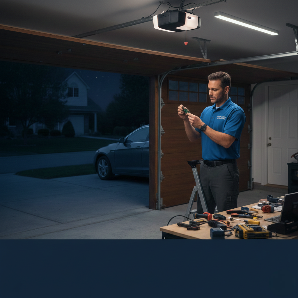 A male technician in a blue polo shirt standing in a garage at night, carefully inspecting a small green circuit board under bright LED shop lights.