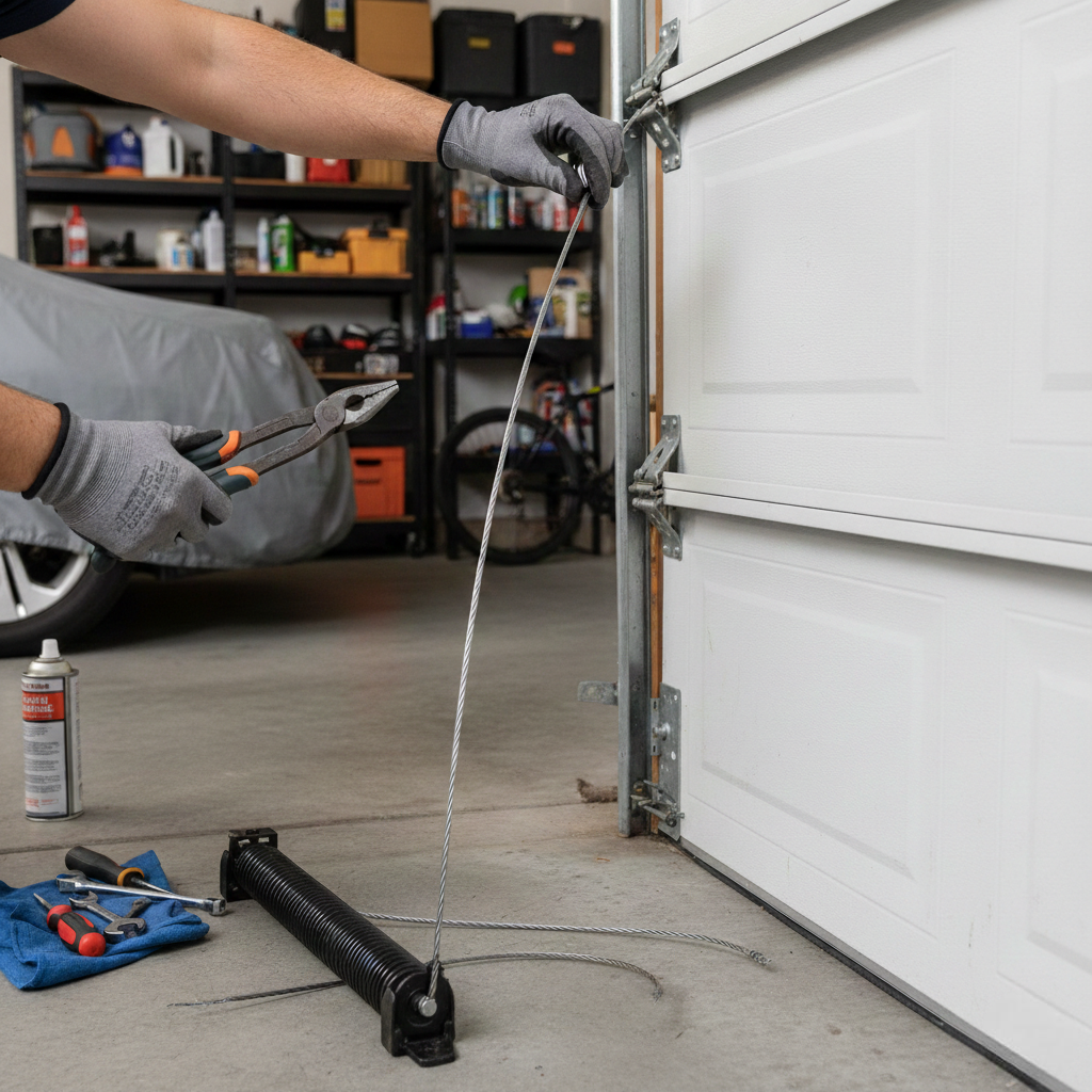A close-up of a technician's hands in grey work gloves using pliers to thread a new steel lift cable through a bracket on a white sectional garage door, with a large torsion spring and tools on the floor.