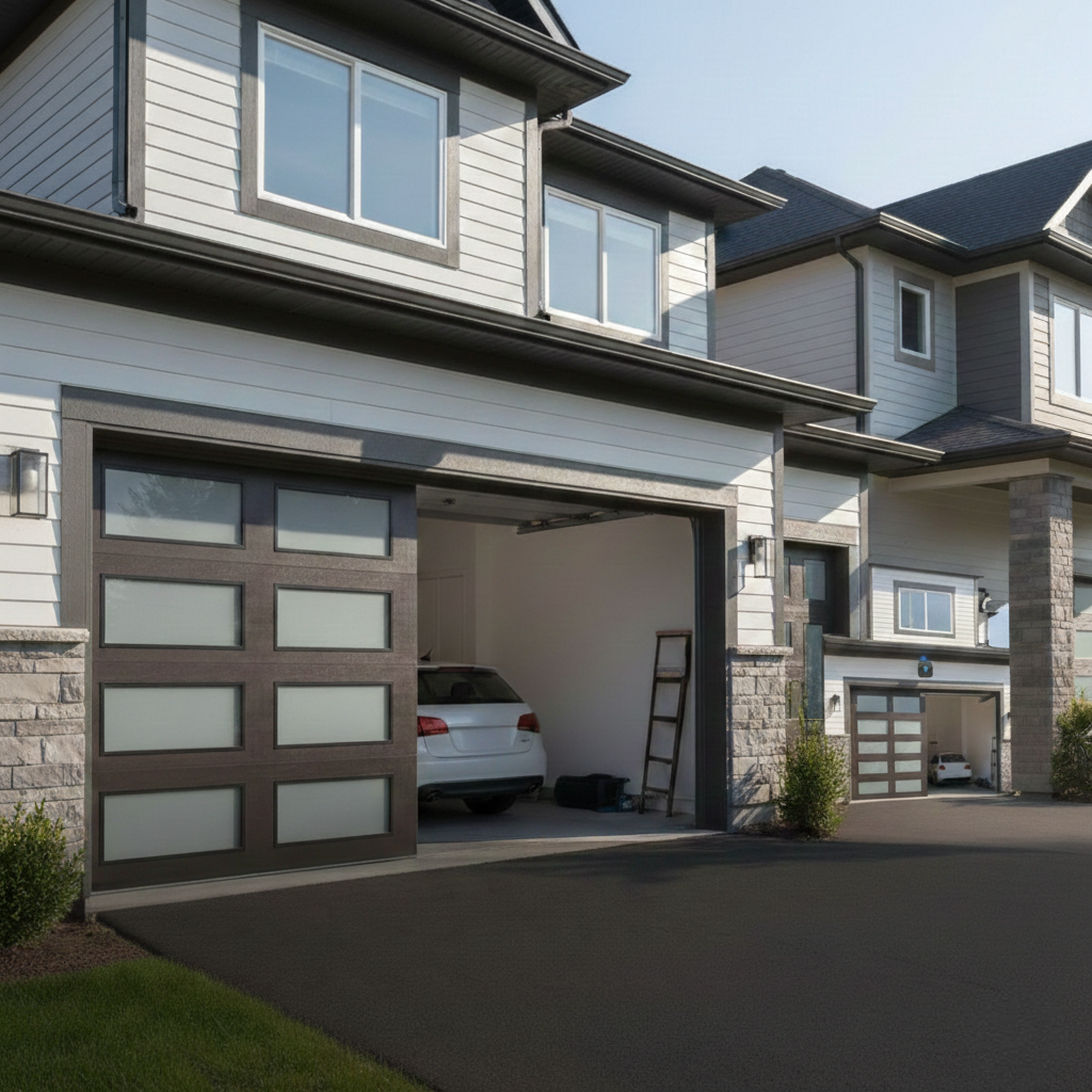 A sleek, dark grey contemporary garage door with eight frosted glass window panes, partially open to reveal a white car inside a clean, white-walled garage.