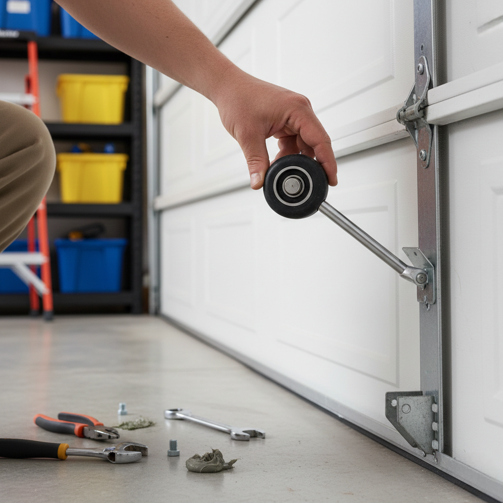 A close-up of a technician's hand installing a black nylon roller into a white sectional garage door hinge, with wrenches and lubricant visible on the floor.