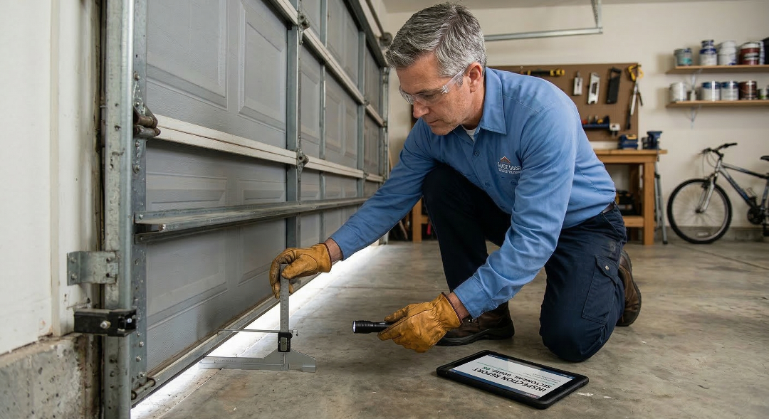 A technician in a blue uniform and safety glasses kneels on a garage floor, using a digital caliper and a flashlight to measure the gap at the bottom of a grey garage door. A tablet displaying an inspection report lies on the floor next to him.
