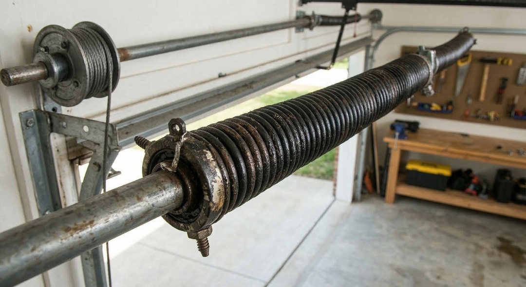 A detailed view of a heavy-duty metal torsion spring mounted on a steel shaft above a garage door. To the left, a cable drum with a steel wire is visible. The background shows a blurry garage interior with a workbench and pegboard.