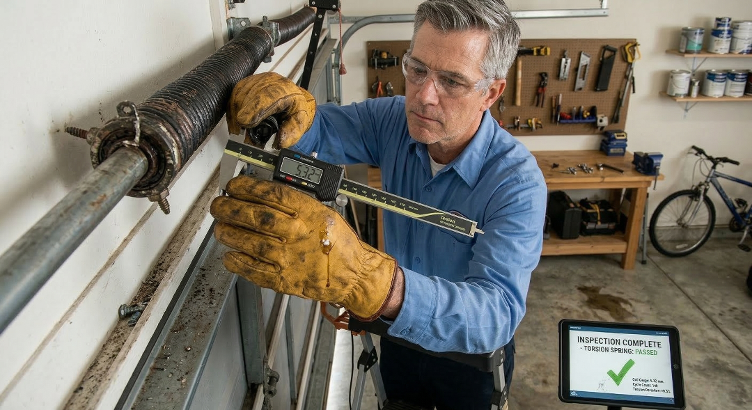 A male garage door technician in a blue shirt and safety glasses uses a digital caliper to measure the diameter of a large metal torsion spring.