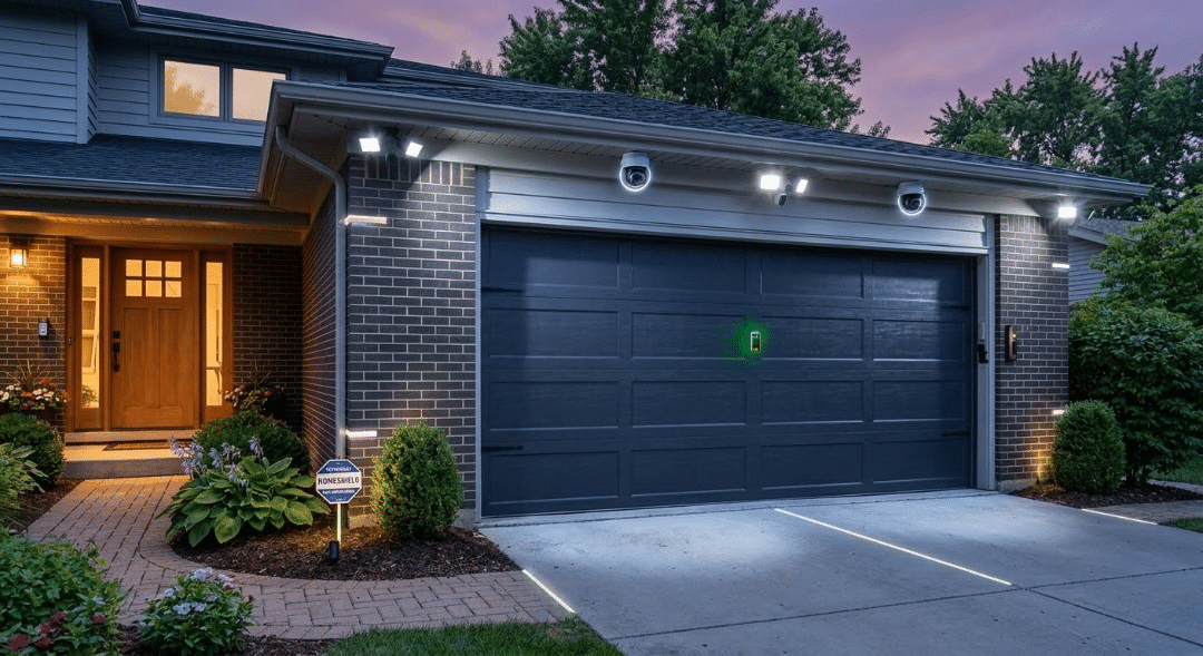 A wide photograph taken at twilight of a two-story residential house and its attached two-car garage. The house features mixed blue-gray siding and dark brick, with a front entrance illuminated by traditional sconces.