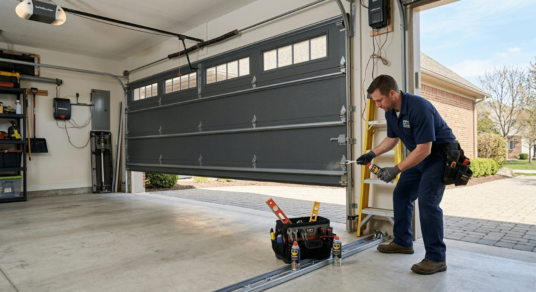A male technician in a dark navy work uniform is performing maintenance on a dark gray sectional garage door.