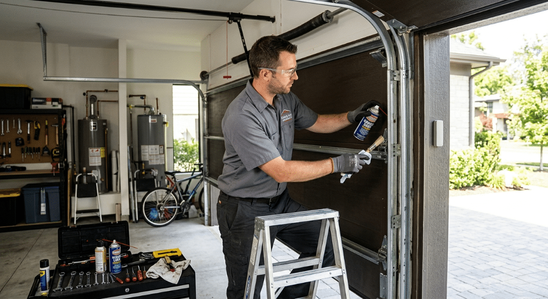 A male technician in a gray uniform shirt with a logo, black cargo pants, safety glasses, and gloves is standing on an aluminum step ladder inside a residential garage.
