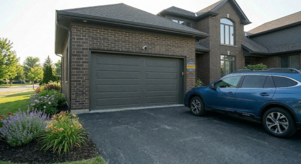 A wide exterior view of a brown brick and grey-sided house with a dark grey double garage door. A small white security camera is mounted above the garage. A blue SUV is parked in the driveway, and vibrant flower beds line the lawn. A security decal is visible on the brick wall.