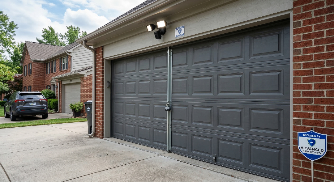A dark grey double garage door on a brick suburban house, featuring a vertical metal security bar locked with a padlock.