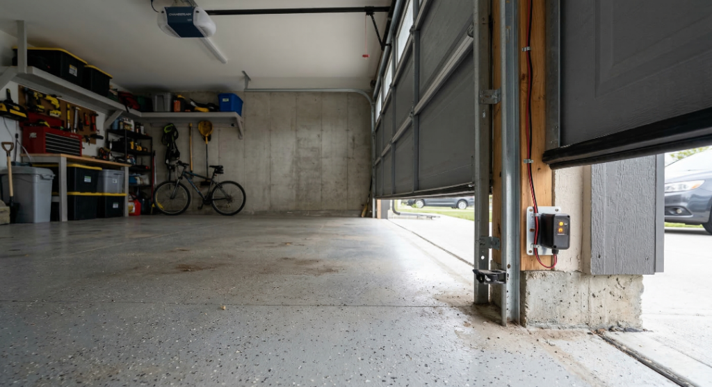 A wide-angle view from a low perspective inside a residential garage. The focus is on a black safety sensor with a glowing green light mounted to a wooden wall stud near the floor. In the background, the garage is organized with a workbench, shelving, and two bicycles.