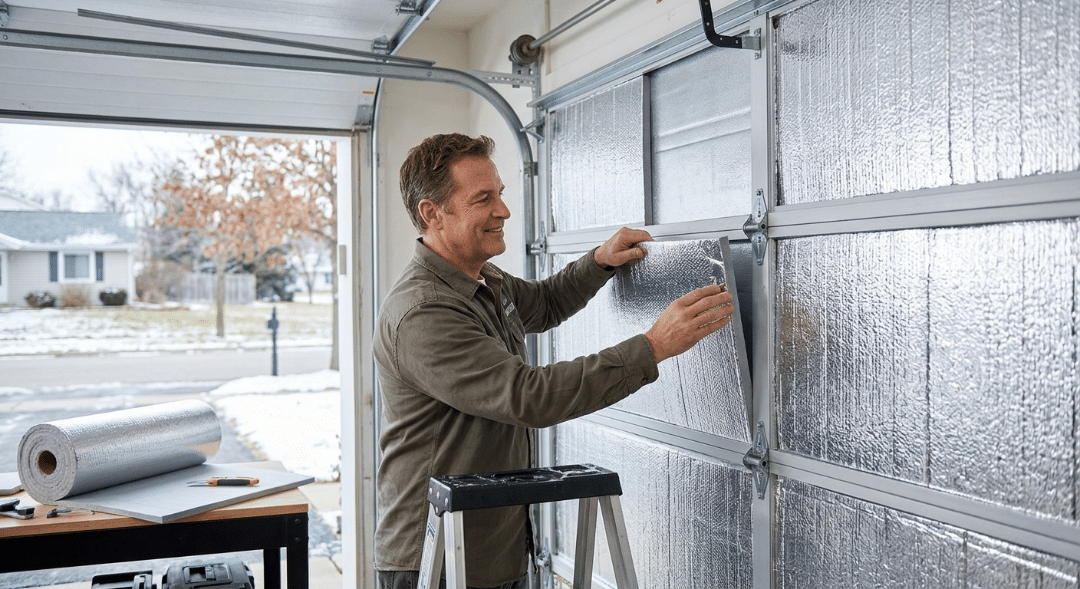 A side-view photo inside a clean garage showing a man, with grey-streaked hair and wearing a green button-down shirt, focused on fitting a precut panel of silver foil-bubble insulation into the frame of a multi-panel sectional garage door.