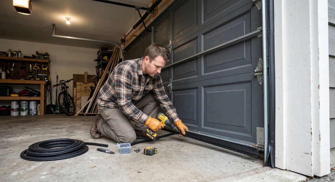 A middle-aged man in a brown plaid flannel shirt and work gloves kneels on a concrete garage floor, holding a drill to fasten a black rubber weatherstrip to the bottom of a grey, paneled garage door.