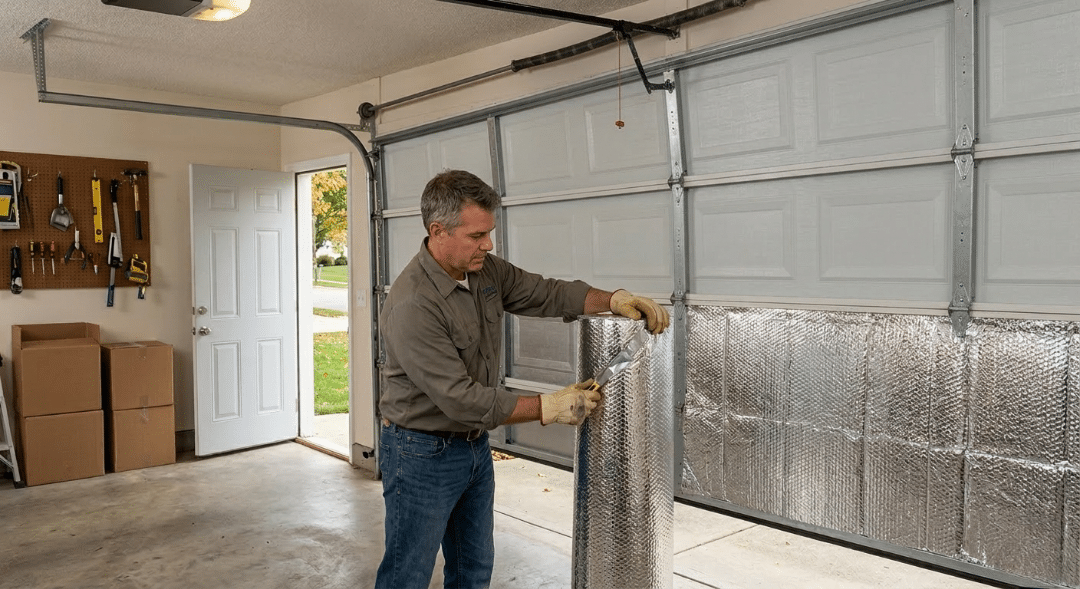 A medium shot photo shows a middle-aged man in a work shirt, gloves, and jeans, unrolling and cutting a large roll of reflective foil-bubble insulation material in a garage.