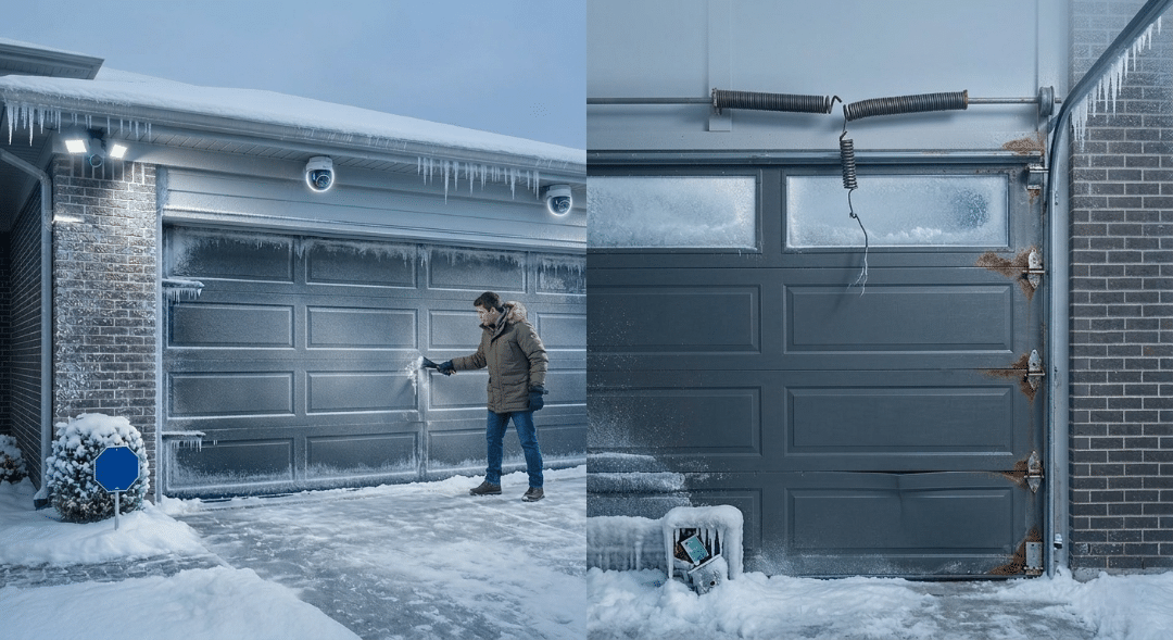 A wide photograph of a two-car garage at twilight under snowy conditions, featuring a dark gray sectional door with unique small green rectangular light patterns.