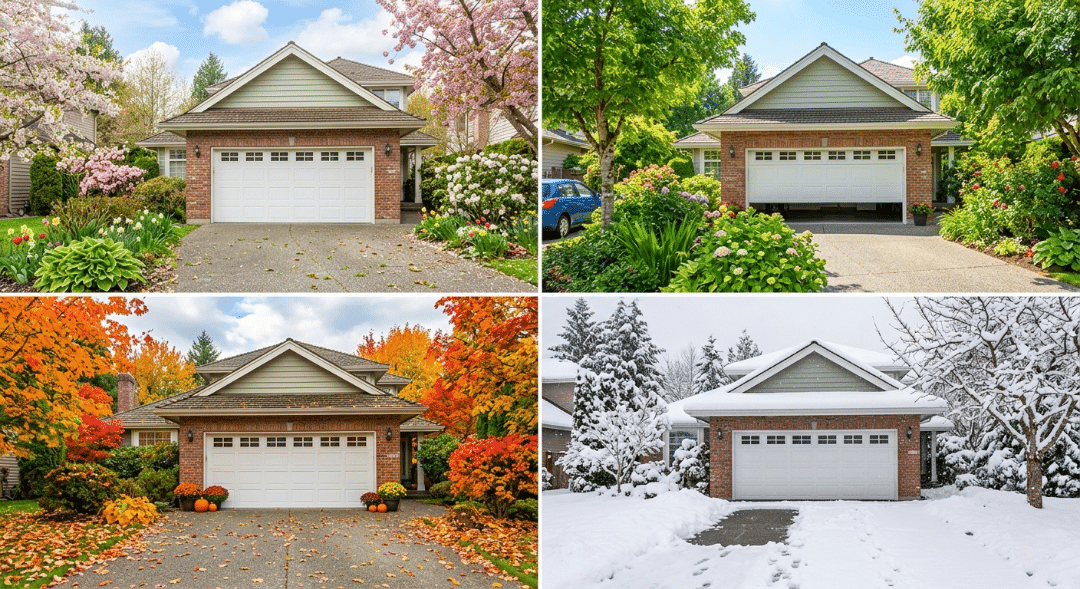 A four-panel collage showing the same brick-and-siding house and its white garage door through the seasons. Top left (Spring): pink cherry blossoms and white flowers in full bloom. Top right (Summer): lush green trees and a blue car in the driveway with the garage door partially open. Bottom left (Autumn): vibrant orange and yellow maple leaves covering the lawn with pumpkins by the garage. Bottom right (Winter): a thick blanket of white snow covering the roof, trees, and driveway.
