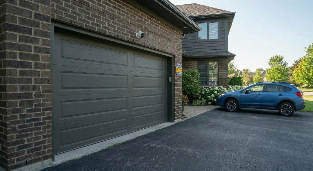 A wide-angle shot of a dark grey sectional garage door on a brown brick house. A small white dome security camera is mounted above the door, and a blue and yellow security company decal is visible on the brick wall. A blue SUV is parked in the asphalt driveway.