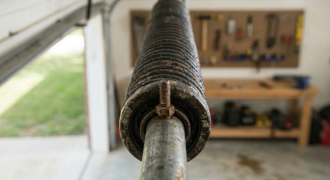 A first-person perspective looking down the length of a metal garage door torsion spring mounted on a steel shaft. The foreground shows a rusted set screw and bolt, while the background depicts a blurred garage workshop with a wooden workbench and pegboard.