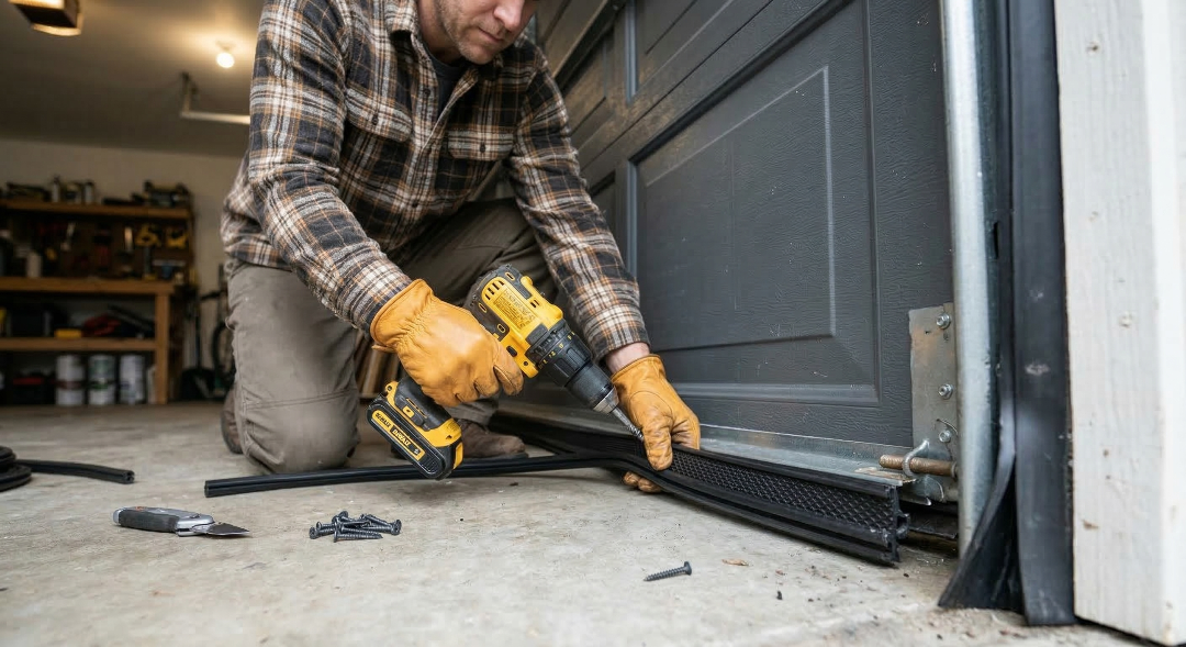 A man in a flannel shirt and yellow work gloves kneels on a concrete garage floor, using a yellow cordless drill to screw a black rubber weather seal onto the bottom of a grey garage door.