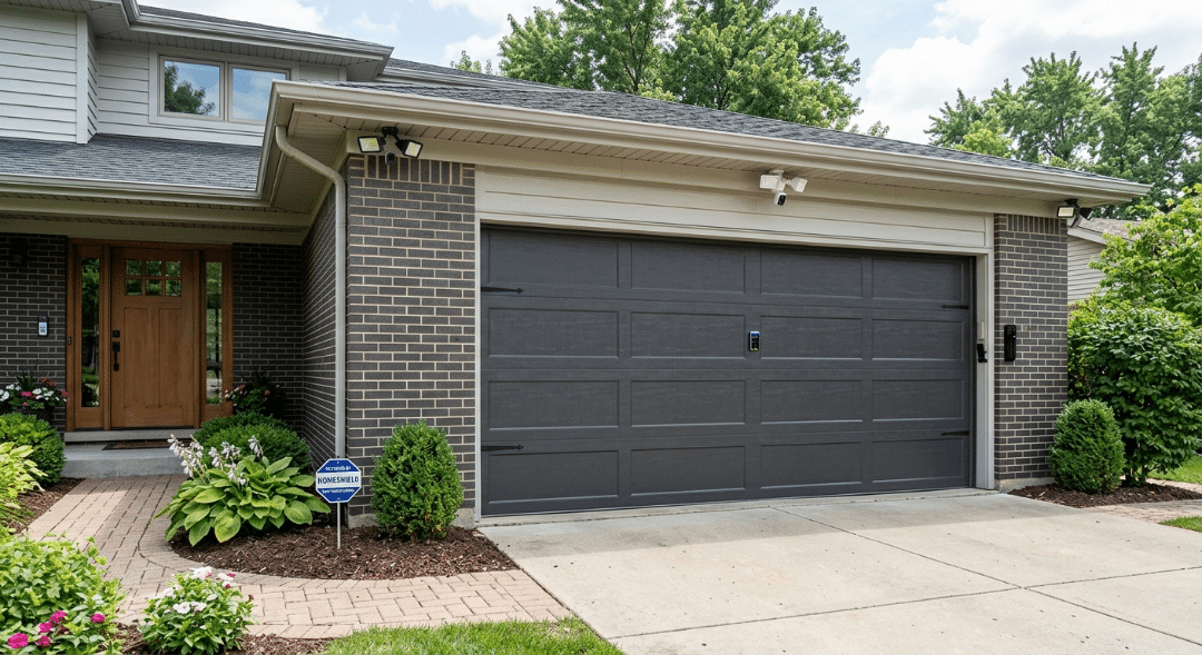 A high-angle, detailed photograph of a suburban two-story house with a brick and siding facade. The central focus is a modern dark gray sectional garage door with decorative hinges, which is closed.