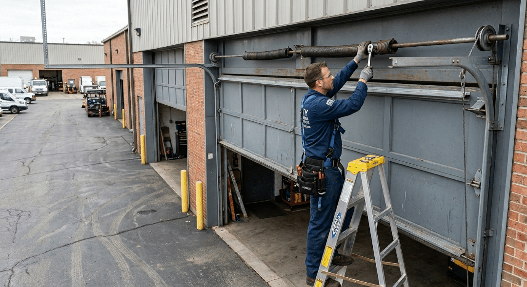 A technician on a ladder tightening the torsion spring of a large industrial garage door at a commercial facility.