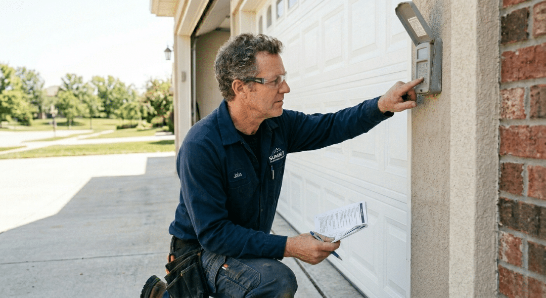 A professional technician in a blue uniform and safety glasses kneels beside a white garage door, pressing buttons on an exterior wall-mounted keypad while holding a manual and pen.