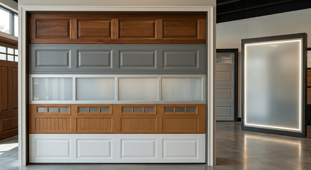 A vertical showroom display showcasing five different garage door panel styles and finishes, ranging from rich wood grains to modern frosted glass and classic white, set within a bright, industrial-style interior.