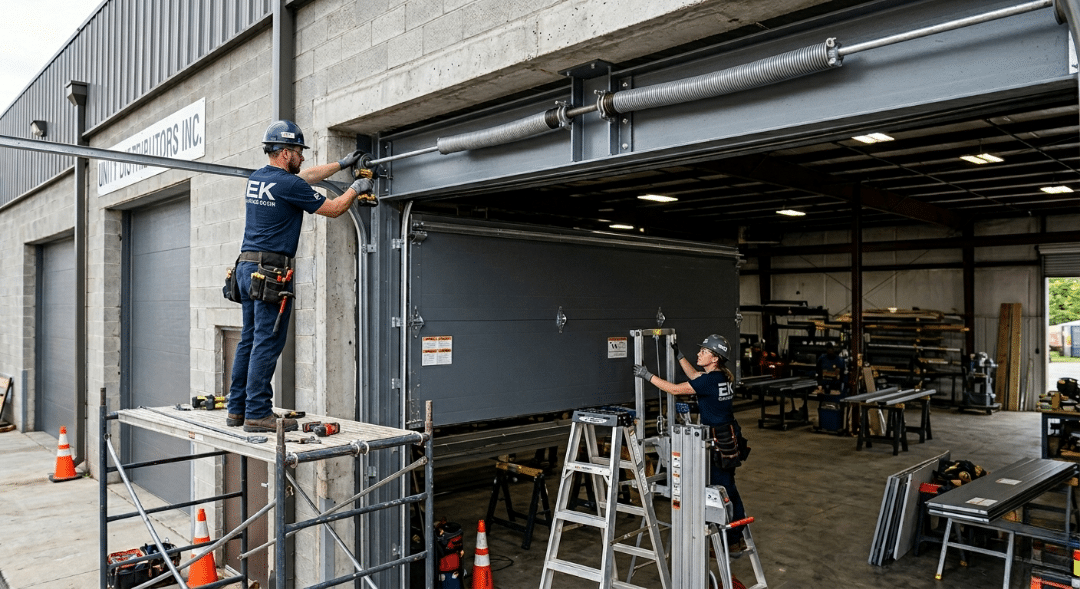 Two technicians in safety gear working on the torsion spring and frame of a large grey industrial garage door at a warehouse facility.Two technicians in safety gear working on the torsion spring and frame of a large grey industrial garage door at a warehouse facility.