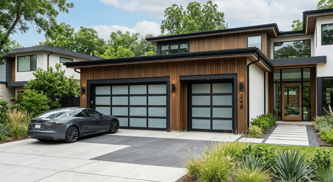 Exterior view of a contemporary two-story home featuring vertical wood siding, white stucco, and two black-framed garage doors with frosted glass panels, with a gray sedan parked in the driveway.