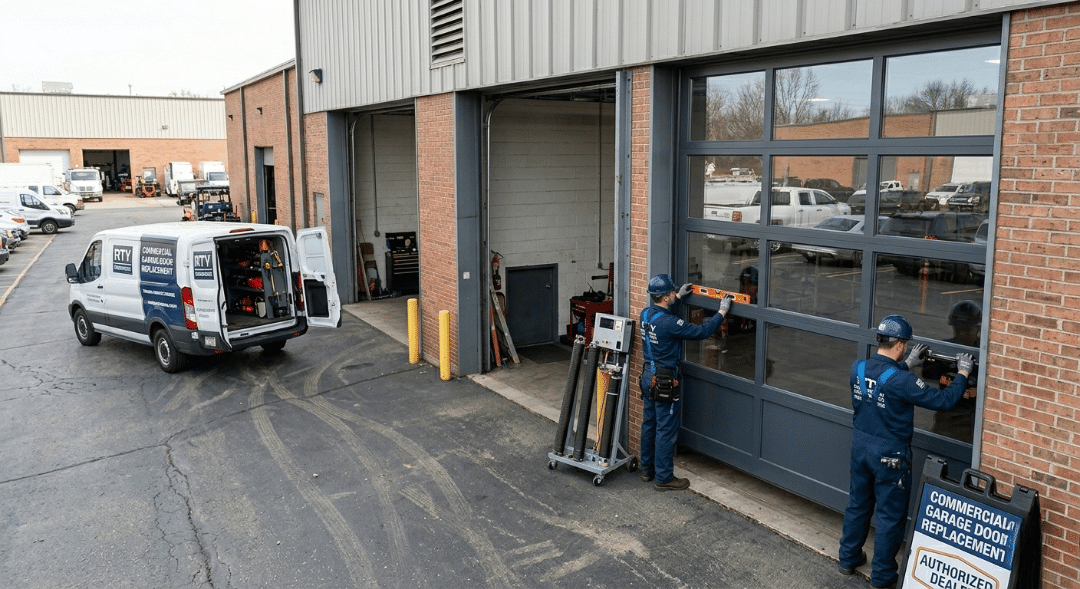 Two technicians in blue uniforms installing a large glass-paneled commercial garage door at a brick service facility.