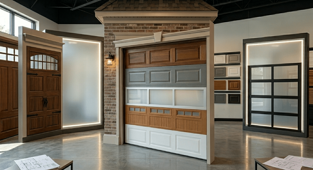 A spacious, modern showroom featuring architectural displays of various garage and entry doors, including a central brick pillar with a tiered door sample, frosted glass panels, and floor plans on nearby tables.