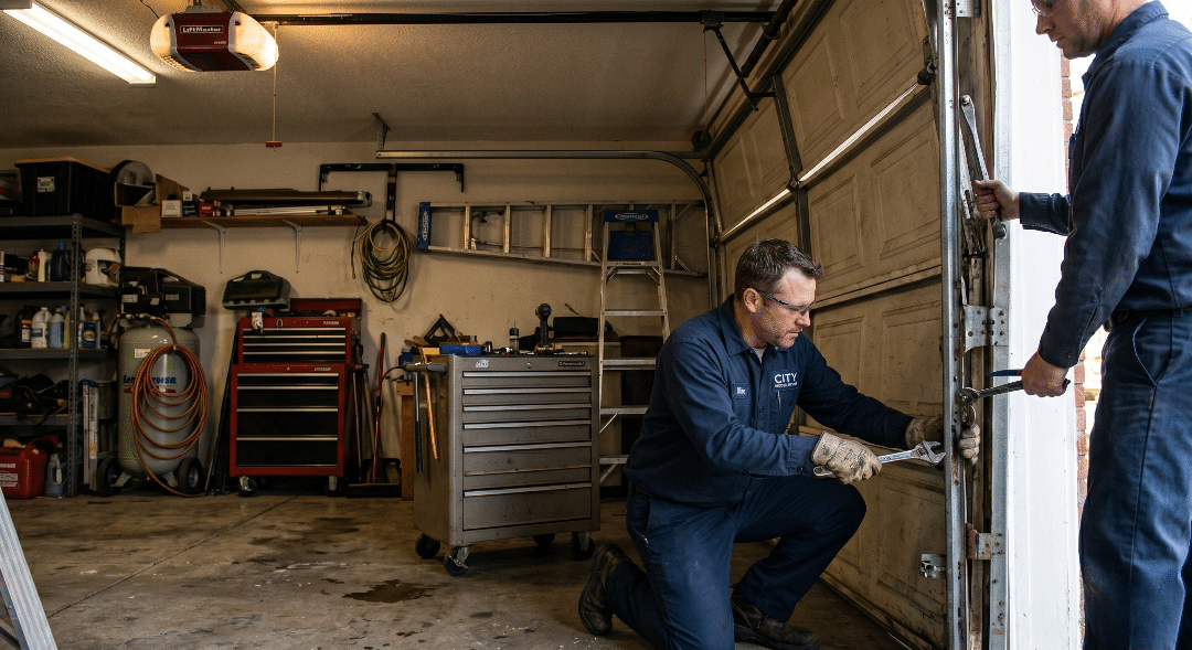 A garage door technician in a navy uniform kneels to adjust the hinges on a white panel door using a wrench, while a colleague assists from the side in a fully equipped home garage.