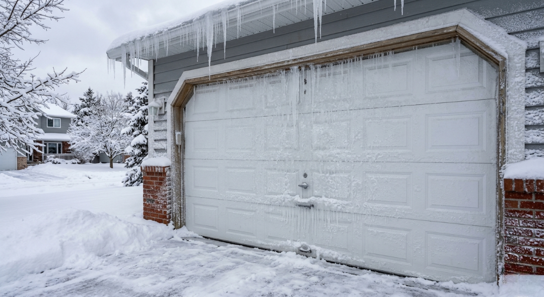 A white sectional garage door is covered in a thick layer of ice and snow, with long, sharp icicles hanging down from the roofline and the top door frame under a winter sky.