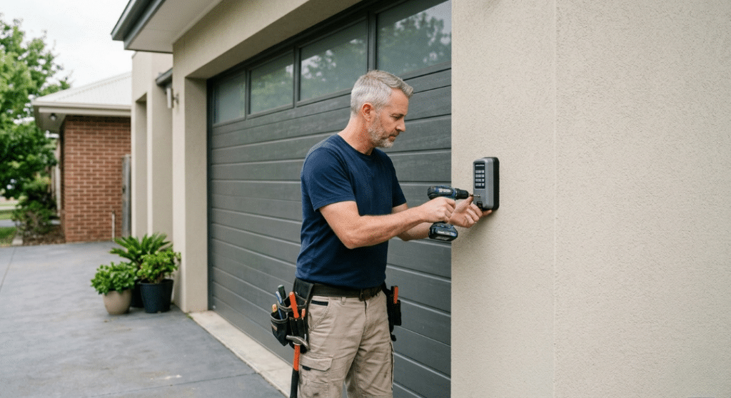 middle-aged man with gray hair and a tool belt stands in a driveway, using a cordless power drill to mount a black electronic keypad to an exterior stucco wall next to a gray garage door.