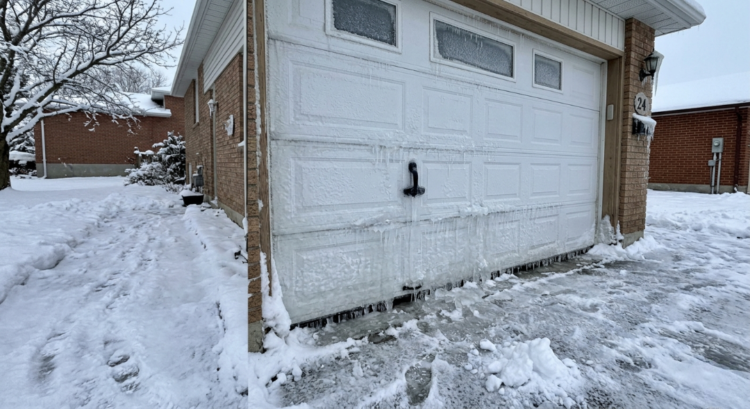 A white residential sectional garage door with small frosted upper windows is covered in a thick sheet of ice and icicles, surrounded by a snowy driveway and brick walls.