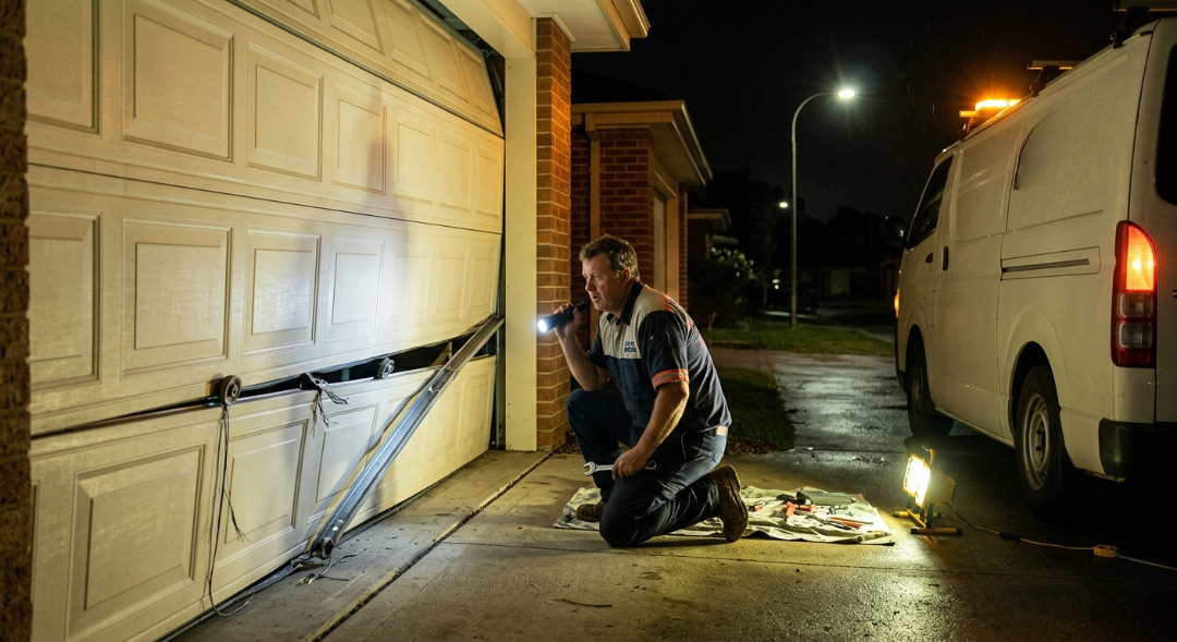 A male technician kneels on a driveway at night, shining a flashlight onto a broken, off-track garage door panel next to a white emergency repair service van.
