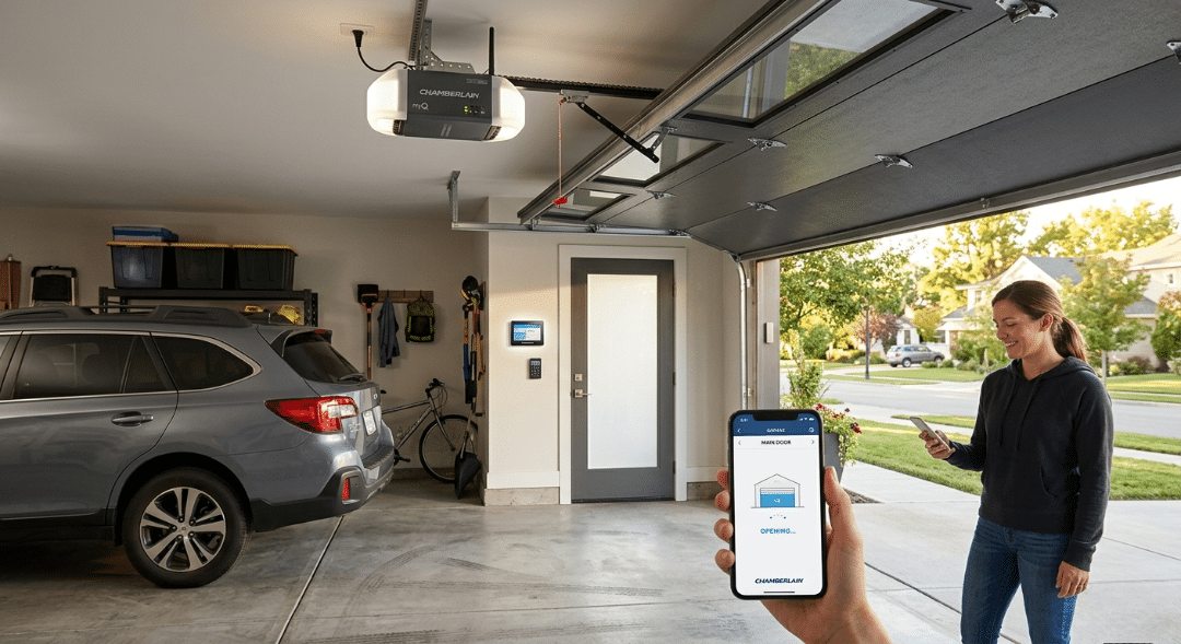 A close-up of a smartphone screen displaying a garage door app that reads "OPENING..." in the foreground, while a woman stands in the garage looking at her phone as the garage door rolls up.